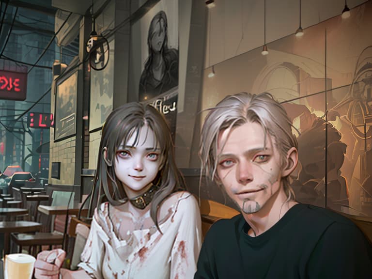  a man with a girl in a cafe during the apocalypse, concept art, illustrative, in color, digital artwork, highly detailed., photorealistic, hyperrealistic, hyperdetailed, analog style, demure, detailed skin, pores, smirk, smiling eyes, matte skin, soft lighting, subsurface scattering, realistic, heavy shadow, masterpiece, best quality, ultra realistic, 8k, golden ratio, intricate, high detail, film photography, soft focus