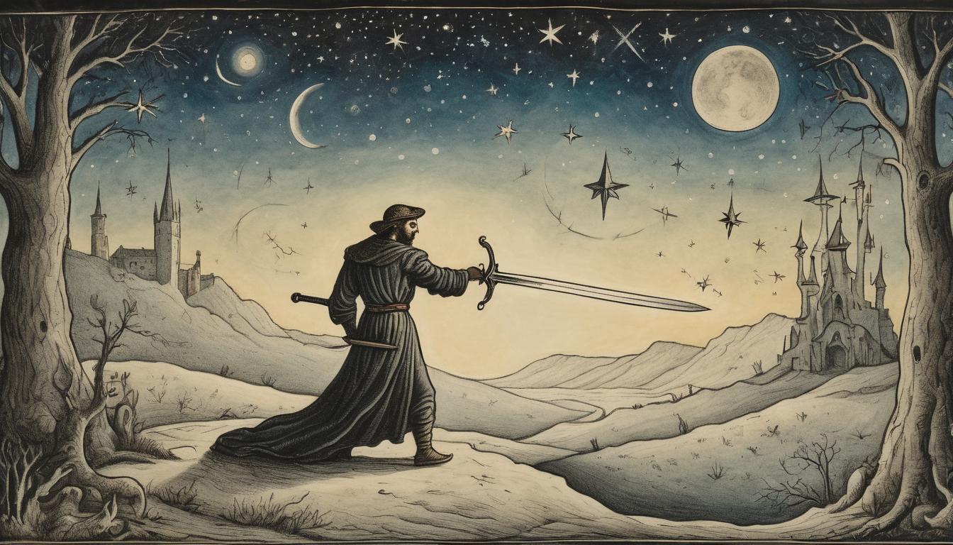  on parchment, surrealism++, a sword being meticulously sharpened under a night sky, stars reflecting off the blade, relentless, resolute, honing(mysterious, provocative, symbolic)++