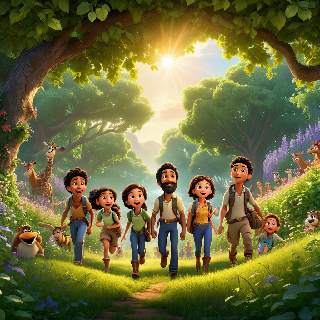  in 3d animated movie style. disney pixar style. osama, , energetic, curious, and kind hearted, along with his friends, 5 , , supportive, and adventurous, face a challenging obstacle of t vines in a lush green meadow with a large tree in the background. rendered in high resolution pixar 3d animated film style, vint greens and deep browns dominate the color scheme with soft, warm sunlight filtering through the leaves. camera angle slightly tilted upwards to emphasize the characters' determination, highlighting their unity and teamwork. {"subject description":"osama, old , with friends, 5 s, facing challenges.","environment description":"vint meadow with t vines obstacle.","art style