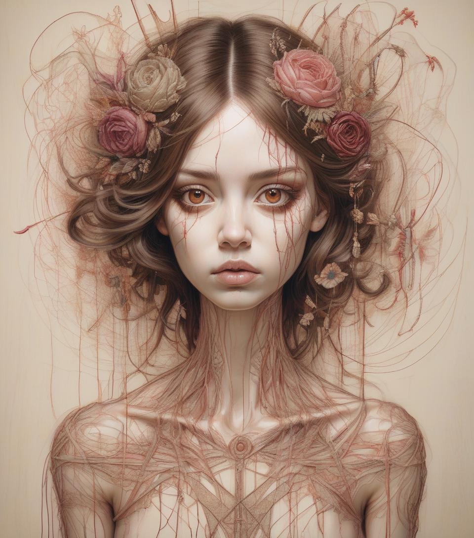  embroidered woman, brown eyes ,dynamic pose, photography by craig mcdean, mark ryden, carne griffiths style.