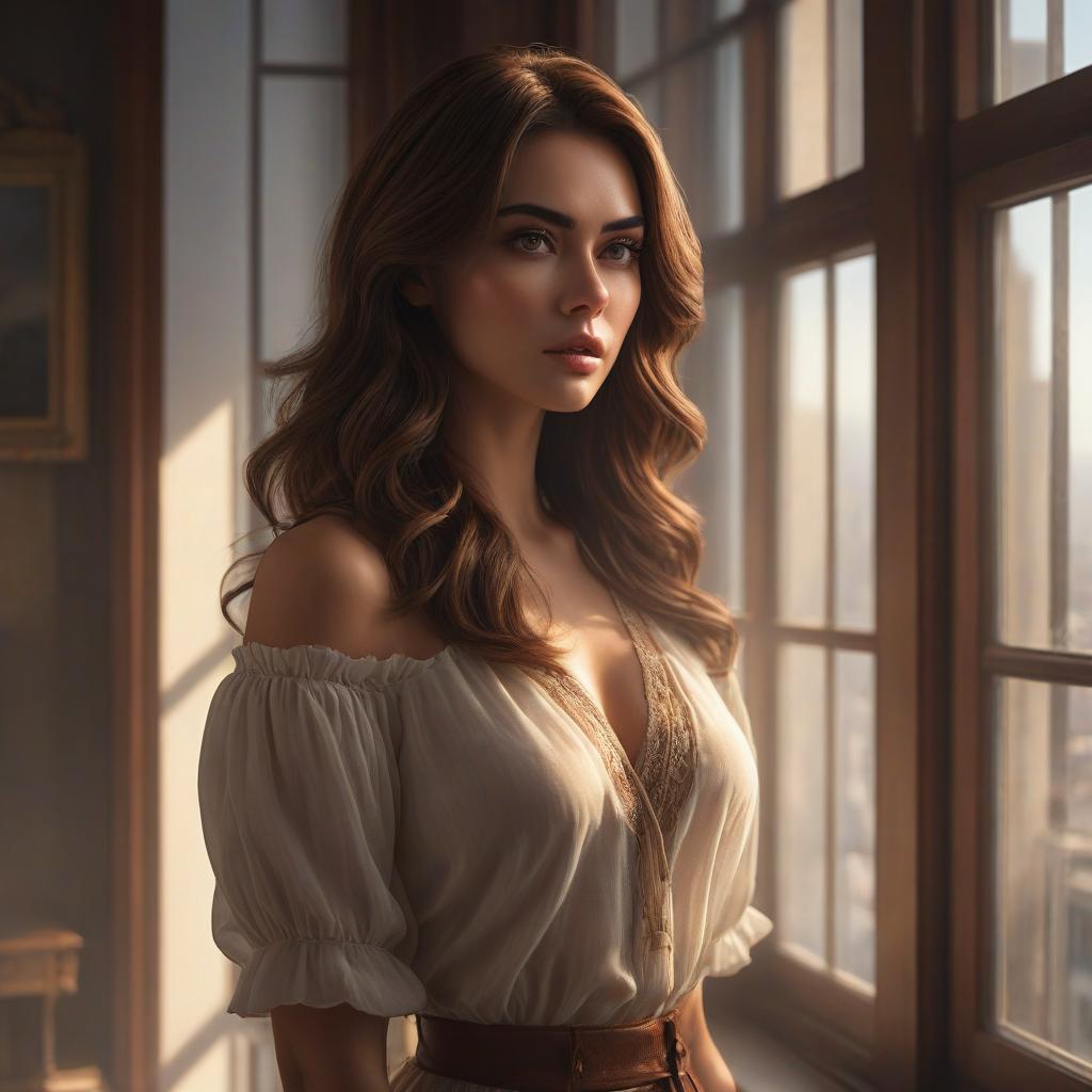  girl, art style, brown hair, brown hair, brown hair, cara hair, anime style, found in a nice room, standing face to the window with a lung toothed shoulder, mysterious looking out the window. you can't see your face hyperrealistic, full body, detailed clothing, highly detailed, cinematic lighting, stunningly beautiful, intricate, sharp focus, f/1. 8, 85mm, (centered image composition), (professionally color graded), ((bright soft diffused light)), volumetric fog, trending on instagram, trending on tumblr, HDR 4K, 8K