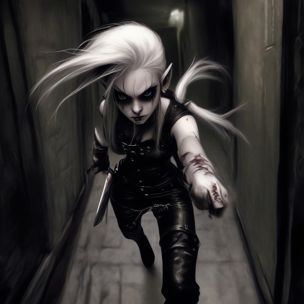  macabre style dark fantasy. a very thin girl elf thief fighter with white alabaster skin, with white pigtails, in a leather white open corset, in black leather pants, in wrists, in white shoes, holding a knife in her hand. in the dark hallway. . dark, gothic, grim, haunting, highly detailed