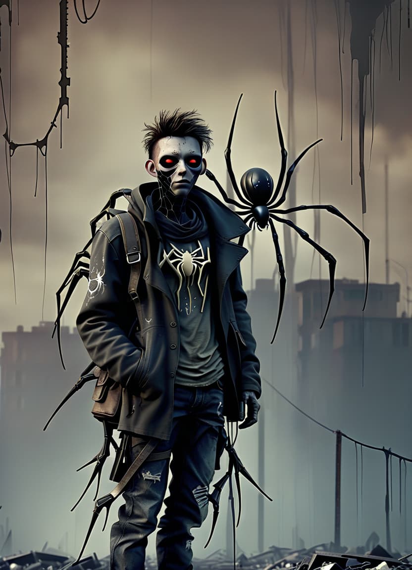  dystopian style make him a spider body instead of his legs . bleak, post apocalyptic, somber, dramatic, highly detailed