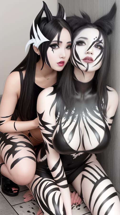  Black and White flame pattern body paint in every corner of the whole body, Blark body paint full body, White face paint on the face, two succubus sisters, full body image