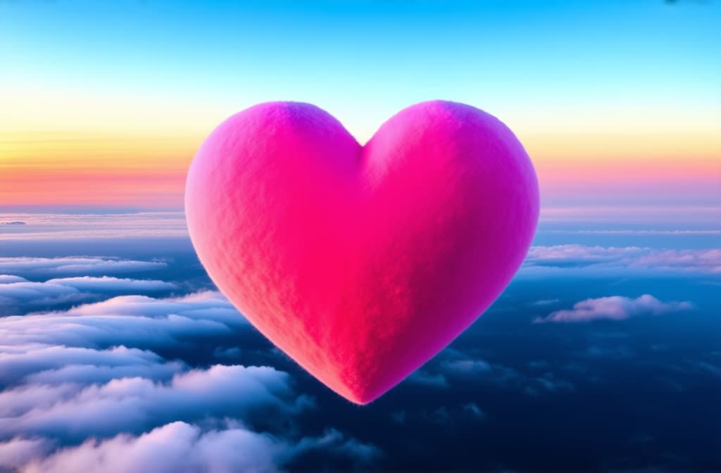  professional detailed photography, three dimensional photo ((((huge pink cotton heart ))))) soaring above the clouds against the background of the evening sunset. free space for text ar 3:2, (muted colors, dim colors, soothing tones), (vsco:0.3)