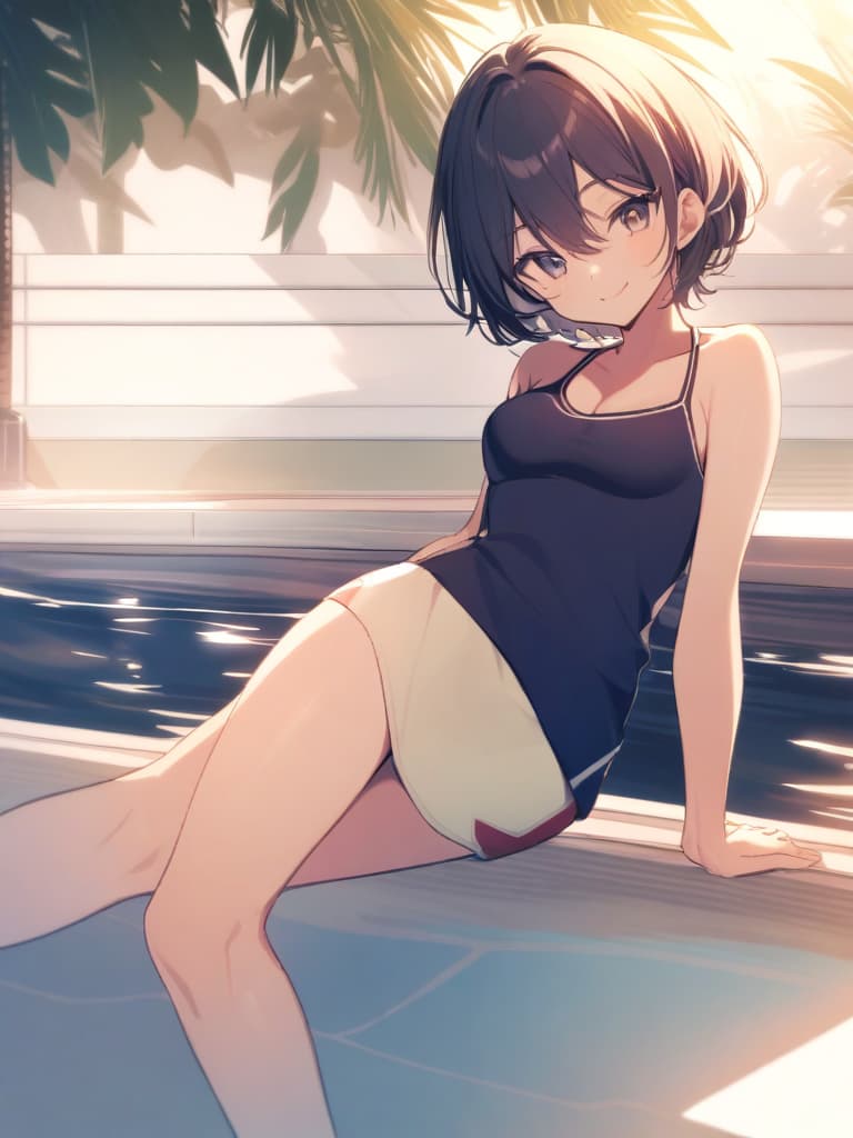  s (male ), short hair, cute smile, swimwear (dark blue ), male , whole body, pool side,