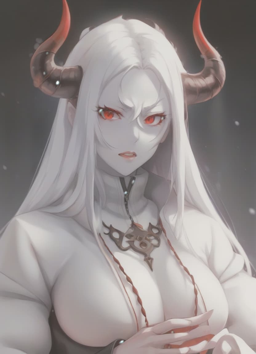  anime artwork demon woman, red horns, red eyes, black long hair, winter clothes . anime style, key visual, vibrant, studio anime, highly detailed