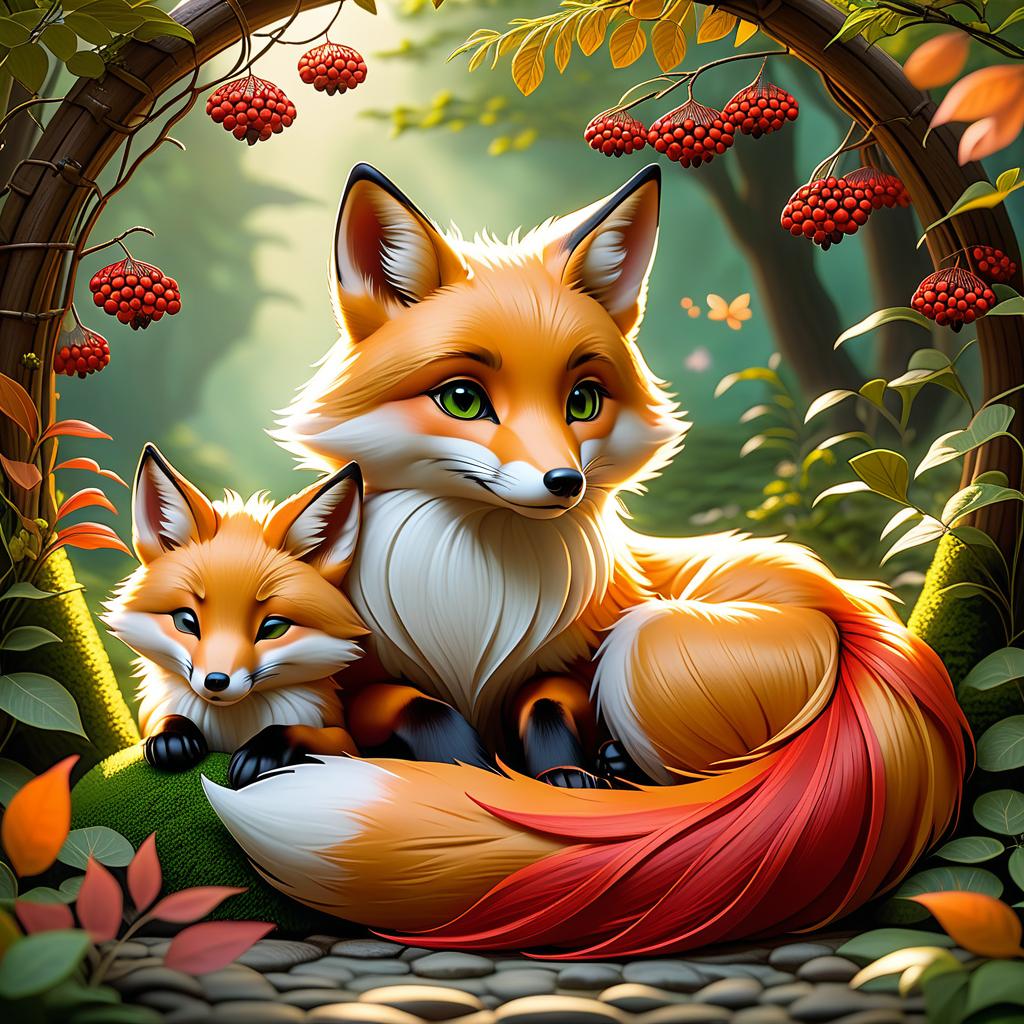  dreamscape (frame):gold round frame decorated with fancy oak leaves and rowan berries. (picture). animalism in fantasy style: little fox sleeping in the arms of big mum fox. appearance of a fox:sweetly sleeping curled up in a ball. (colours):orange, red, white, beige, gold, all shades of green, brown, brown gold. (style):animalism, fantasy, fairy tale, tenderness, kindness, calmness, cartoon . surreal, ethereal, dreamy, mysterious, fantasy, highly detailed, civitai, hkmagic hyperrealistic, full body, detailed clothing, highly detailed, cinematic lighting, stunningly beautiful, intricate, sharp focus, f/1. 8, 85mm, (centered image composition), (professionally color graded), ((bright soft diffused light)), volumetric fog, trending on instagram, trending on tumblr, HDR 4K, 8K