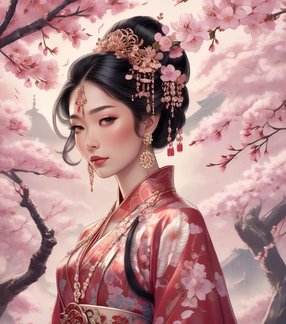  an illustration of a woman in traditional asian attire with intricate jewelry, against a backdrop of cherry blossoms. a gorgeous asian woman in an elaborate, dramatic, traditional costume.