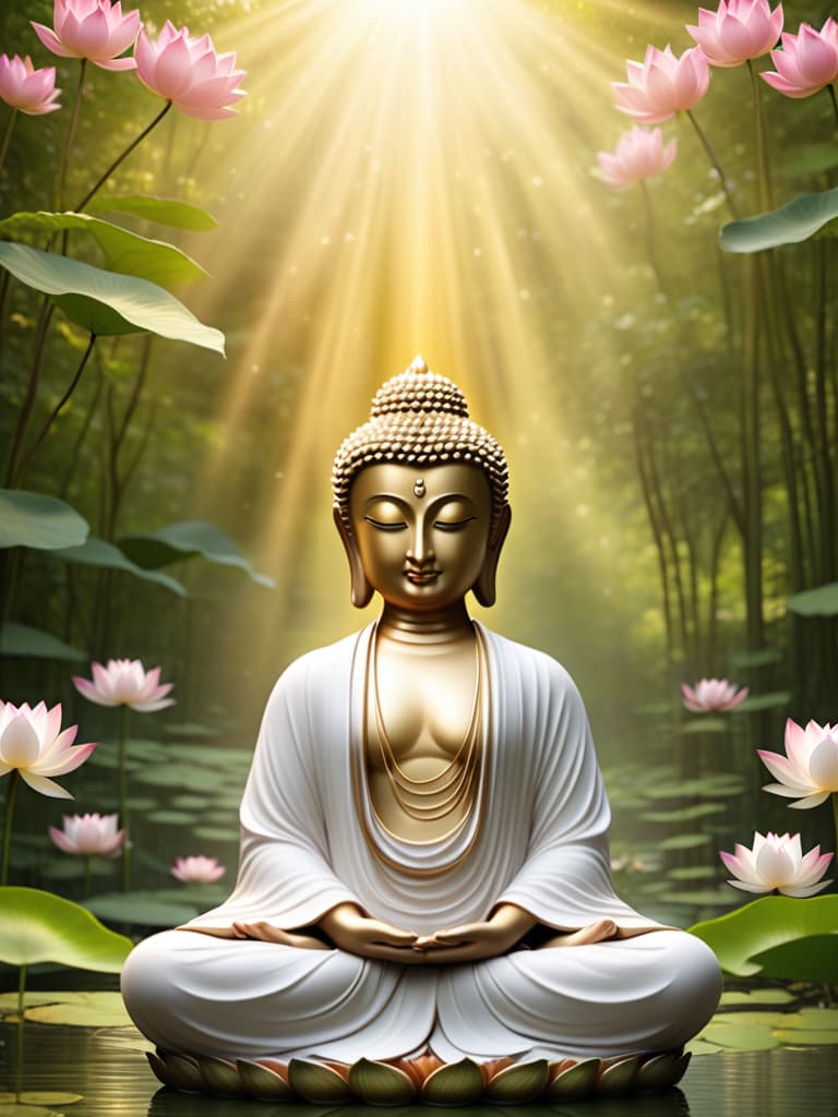  create an image of a calm and serene buddha seated in a peaceful meditation pose, surrounded by soft golden light. the background features a tranquil natural environment with lotus flowers blooming in a calm pond, lush green trees, and gentle sunlight filtering through the leaves. buddha’s face is peaceful, with closed eyes, a gentle smile, and an aura of wisdom and compassion. the setting conveys a sense of spiritual calm, harmony, and enlightenment.