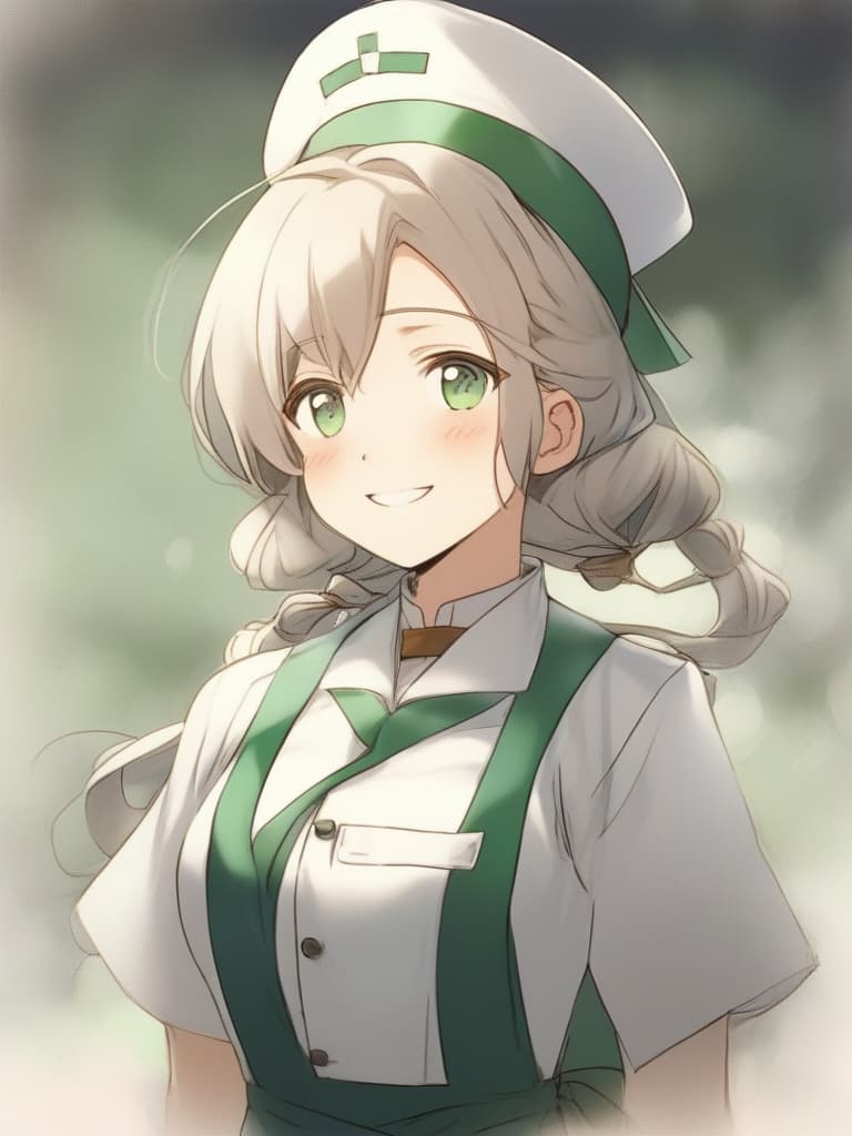  gentle illustration style {pretty lady}{beige hair color}{green eye color:}{smile}{small chignon:}(smile){nightingale white nurse cap:}{nightingale white nurse outfit:}{nurse apron:}(upper body) medievalhospital background,high quality,16k,