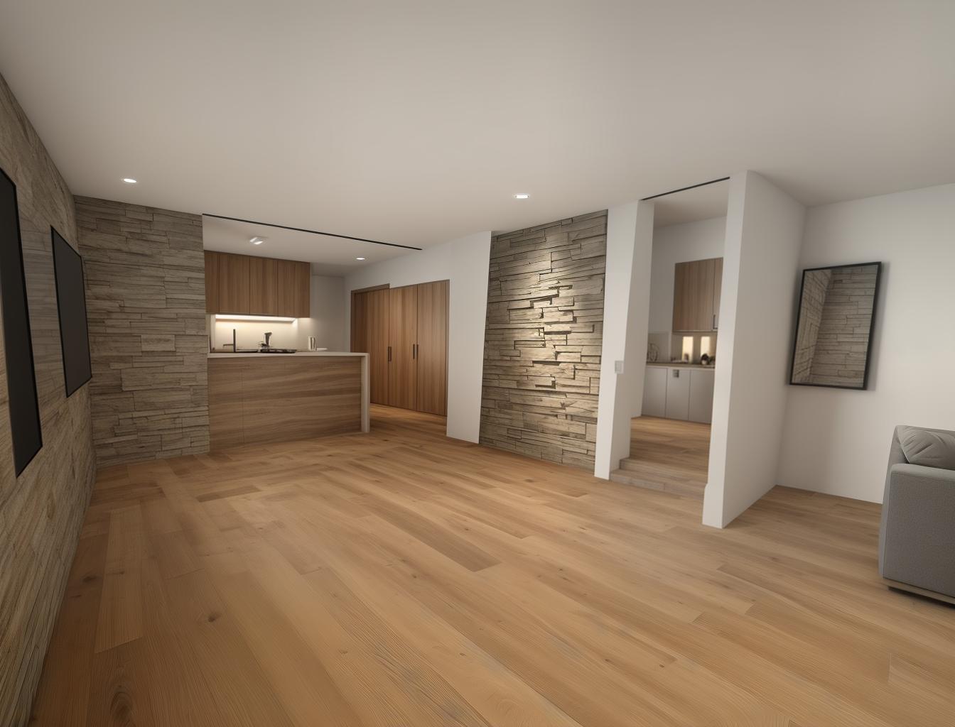  generate a photorealistic rendering of a modern living room with a combination of wooden floors and a stone accent wall. include sleek, contemporary furniture to contrast with the natural materials, creating a sophisticated yet comfortable atmosphere.