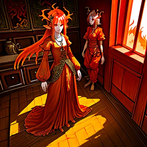   dragon female with orange hues, with dragon ears, tall, slender, medium . red clothes with a necklace on their . it is in a wooden house in the room. eyes are bright with red hues., (intricate details:0.9), (hdr, hyperdetailed:1.2)