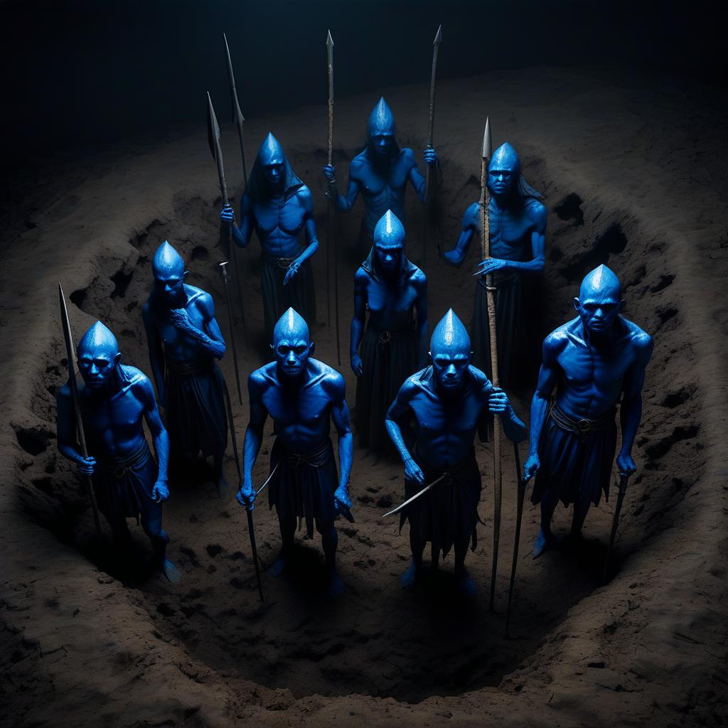  completely dark human figures, eight pieces. blue spear, stuck in the ground