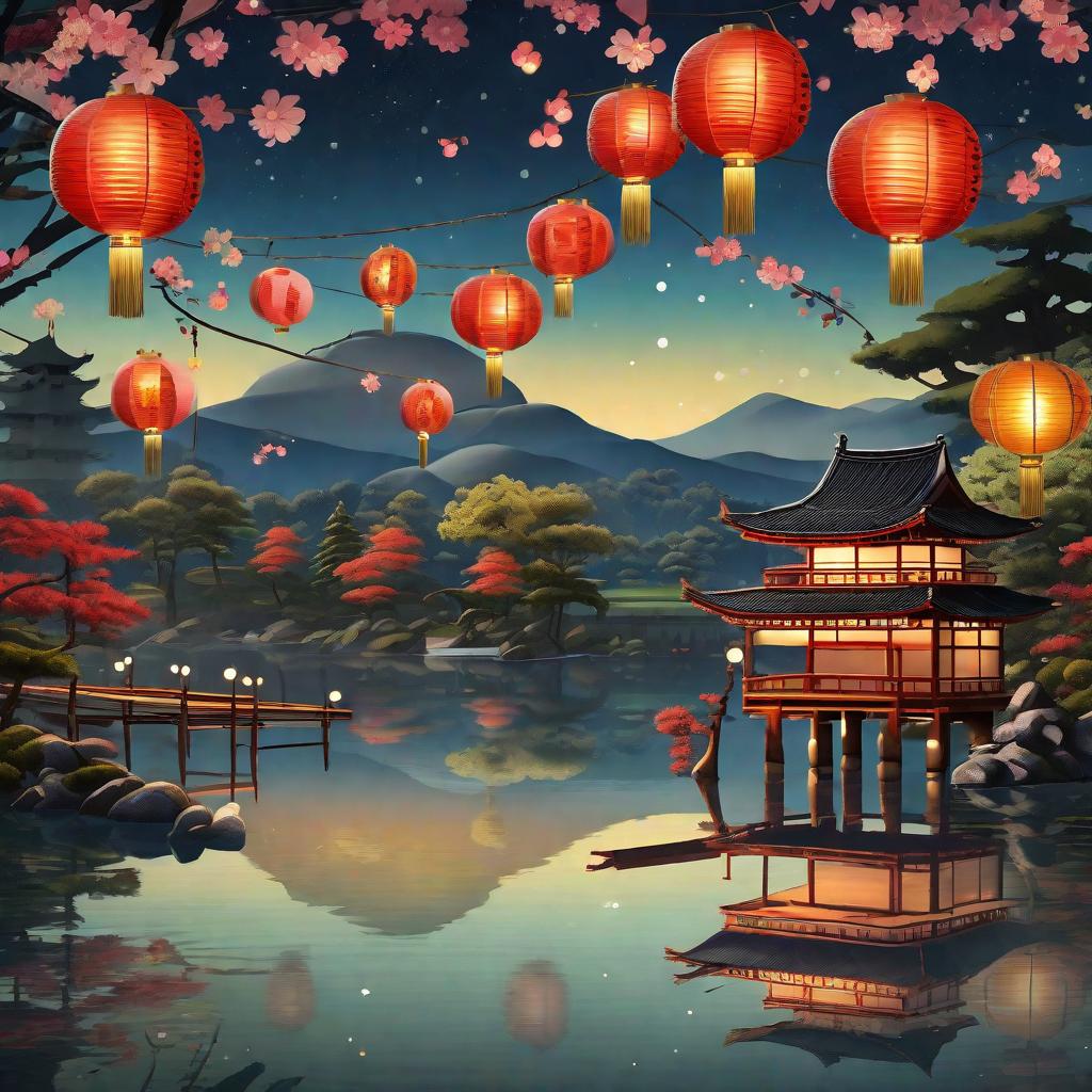  masterpiece, best quality, (Fidelity: 1.4), Best Quality, Masterpiece, Ultra High Resolution, 8k resolution, A night view inspired by Japanese art, featuring a garden illuminated by paper lanterns and a wooden bridge spanning a tranquil lake, by the lakeside, there is a small Zen temple. The water reflects the starry sky.