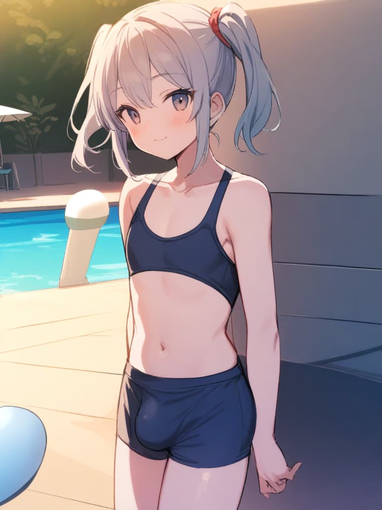  women's elementary students (male), twin tails, cute smiles, (rich s), low stature, dark blue swimwear, old swimwear, , simple (upward), male , (bulge), shaped clear , front , whole body, pool side,