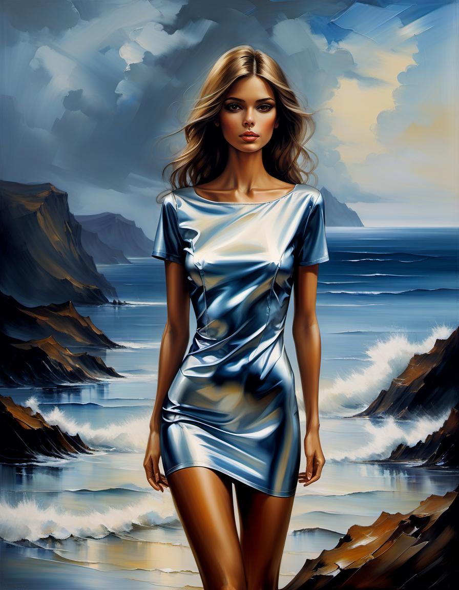  oil painting, oil girl in an oil revealing silk mini dress with a neckline, the background of the sea shore is painted with acrylic, darkening with ink, simple, clean, uncluttered, modern, elegant, t shirt design