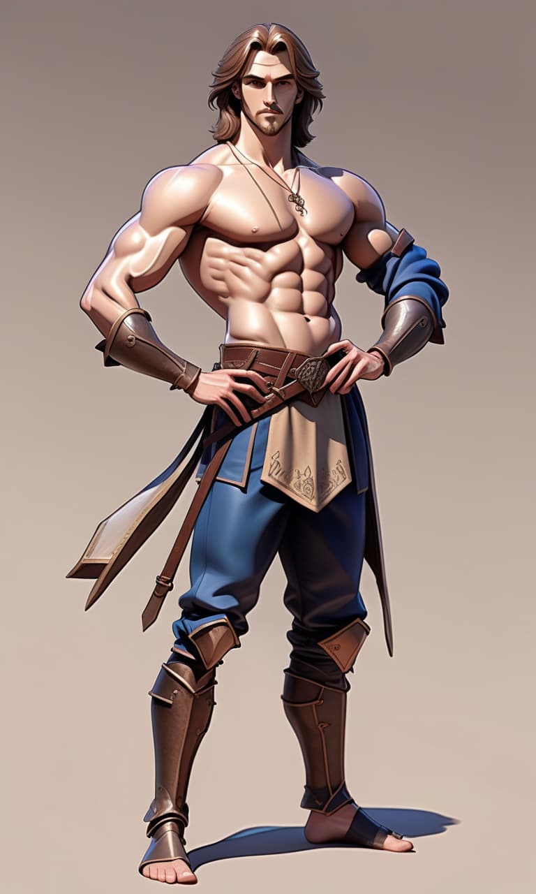  concept art model, pose, aesthetics, man from the middle ages in the kingdom, model guy, demonstrates his body, training, anime style, good drawing, detailing, anatomically correct position . digital artwork, illustrative, painterly, matte painting, highly detailed