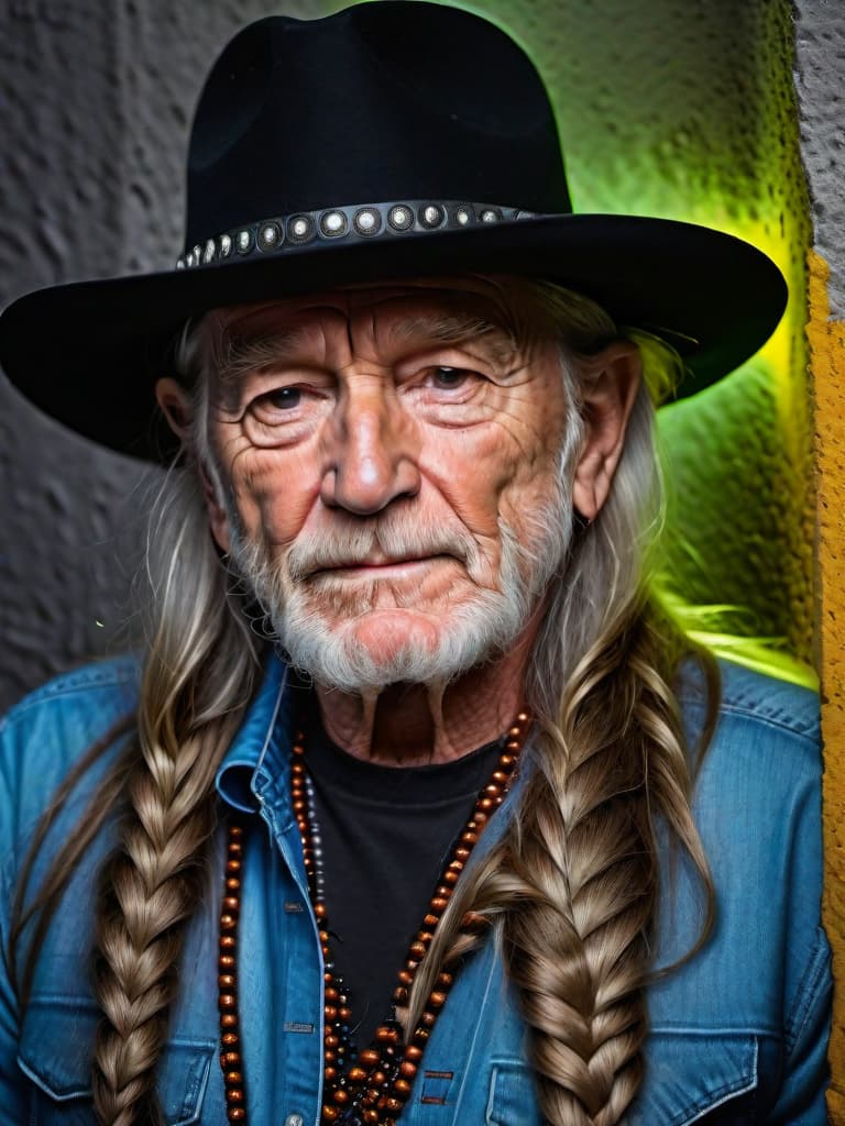  Singer Willie Nelson, medium shot, upper body, spotlight, long exposure lighting, street art style spray paint, glamour lighting