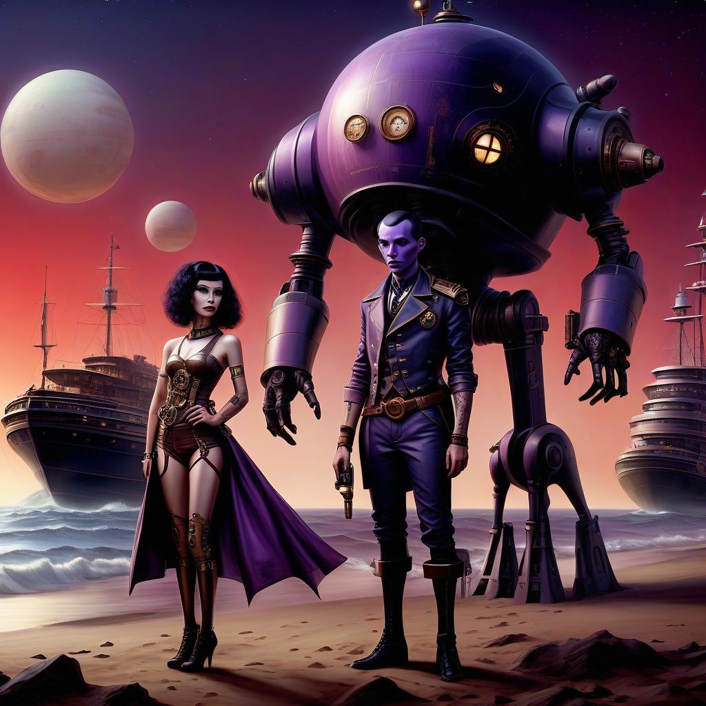  nautical themed a group of smugglers, a young with purple skin of an alien appearance, 20 year, small , elegant thin waist, long slender legs, black hair. a man with a , 40 year, small growth, bald, black. next to the droid and minotaur. full length image, steampunk, dieselpunk, paropunk, standing in a space tavern, against a background of red light. . sea, ocean, ships, maritime, beach, marine life, highly detailed