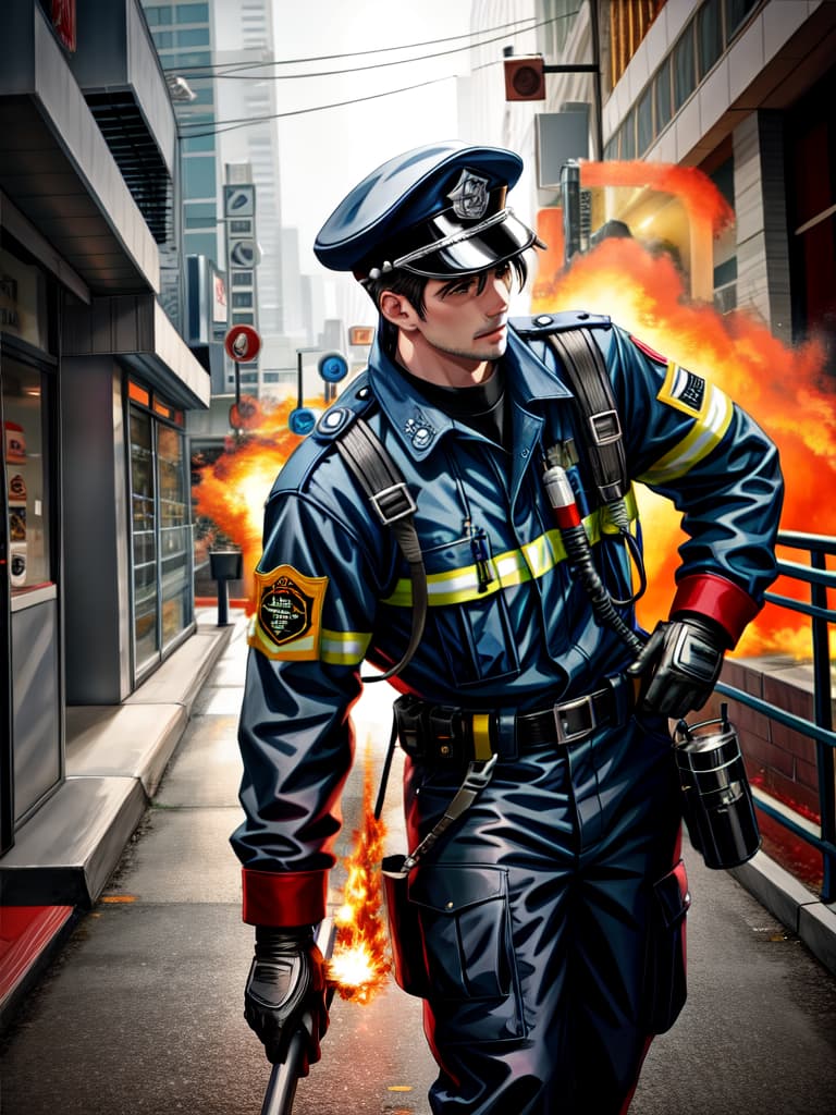  background fire scene, ambulance, close up firefighter's resolute face, extinguishing fire, and fire truck hyperrealistic, full body, detailed clothing, highly detailed, cinematic lighting, stunningly beautiful, intricate, sharp focus, f/1. 8, 85mm, (centered image composition), (professionally color graded), ((bright soft diffused light)), volumetric fog, trending on instagram, trending on tumblr, HDR 4K, 8K