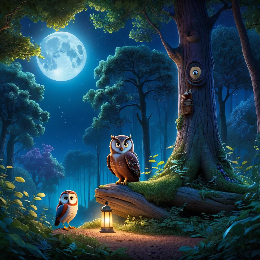  in 3d animated movie style. disney pixar style. paris, a with a curious, kind hearted, and adventurous personality, talks to wise old owl, an observant character in a mystical forest at night with moonlight filtering through the canopy, casting soft illumination. created in a high resolution pixar 3d animated film style with dark blues and greens for the forest backdrop and warm moonlight, the scene features a low angle perspective emphasizing the characters in the foreground against the enchanting forest, promoting the storytelling aspect.