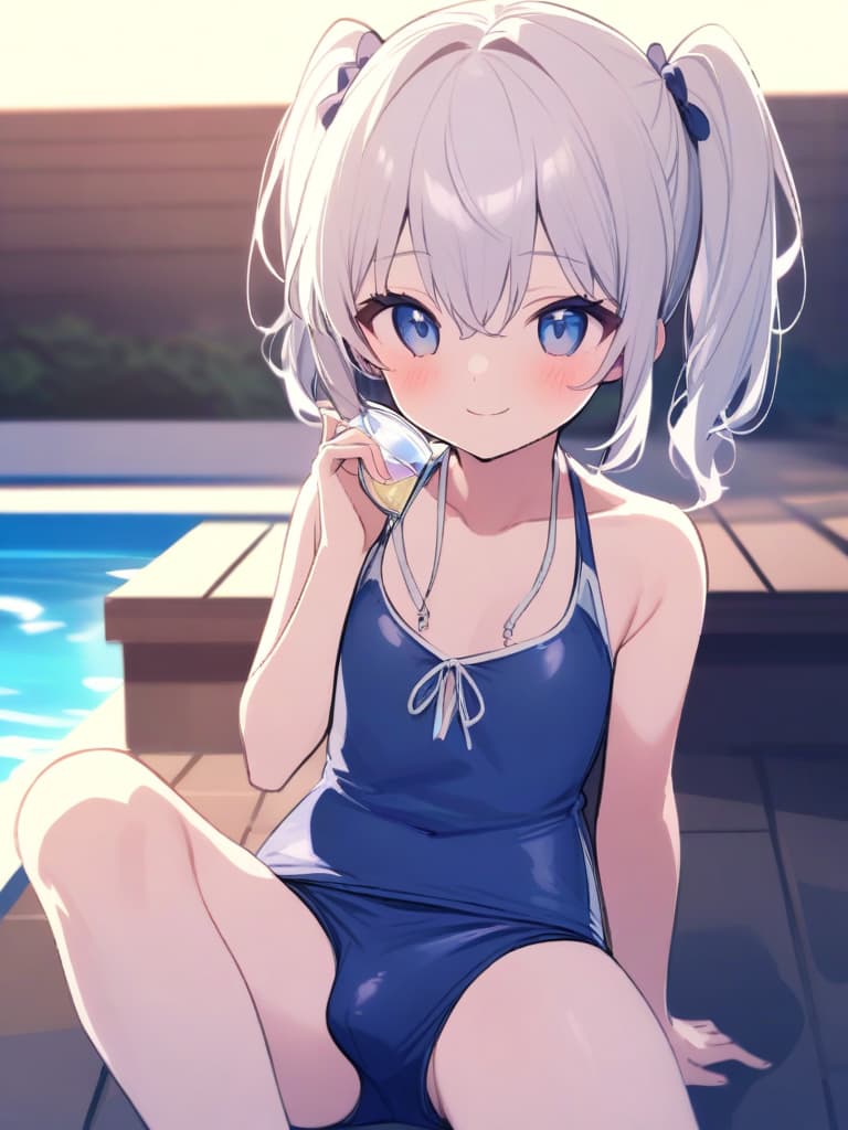  women's elementary students, twin tails, rich smiles, cute smiles, navy blue swimwear, old swimwear, swimwear, simple, male, shaped clear , shaped clear, clear stem, shaped crisp, male bulge,, front. the whole body, pool side,