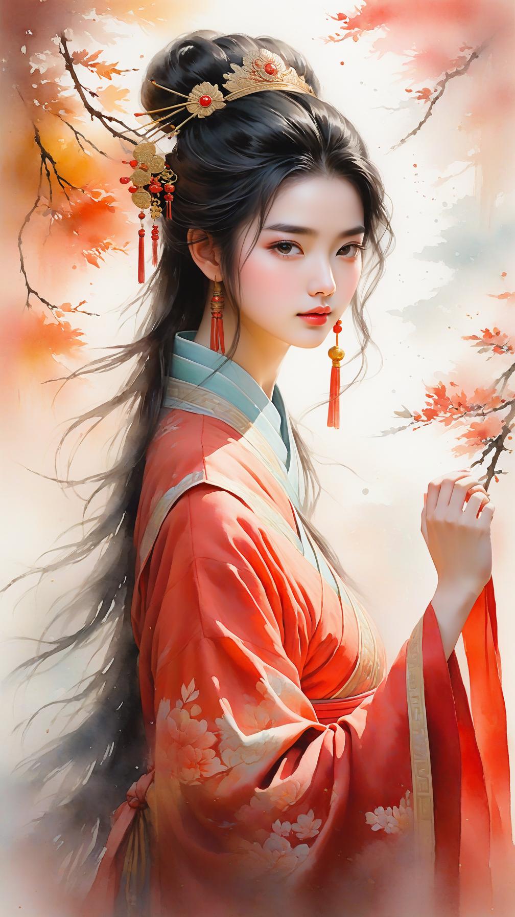  watercolor painting,instaport style, portrait of an ancient chinese girl [multi color watercolors with a white background], haze, film photography, light ethereal leaks, sharp focus, intricate highly detailed acrylic painting, palette knife and brush strokes, trending on artstation, trending on pixiv fanbox