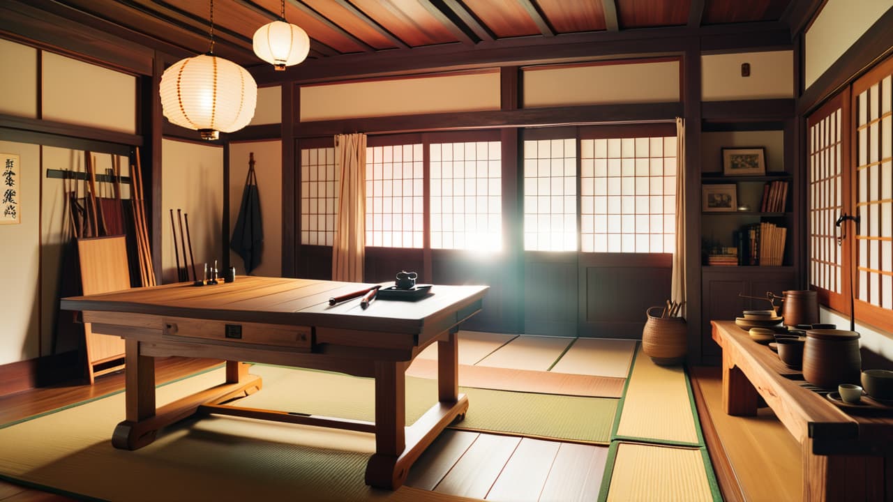  a serene japanese woodworking workshop, showcasing intricate wooden joinery techniques, traditional tools, and beams of light filtering through shoji screens, highlighting the beauty of natural wood grain and craftsmanship in harmony with nature. hyperrealistic, full body, detailed clothing, highly detailed, cinematic lighting, stunningly beautiful, intricate, sharp focus, f/1. 8, 85mm, (centered image composition), (professionally color graded), ((bright soft diffused light)), volumetric fog, trending on instagram, trending on tumblr, HDR 4K, 8K