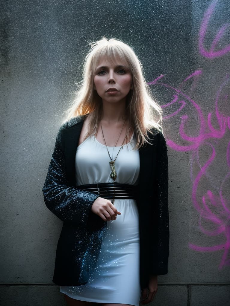  A younger Country singer Joni Mitchell, medium shot, upper body, spotlight, long exposure lighting, street art style spray paint, glamour lighting