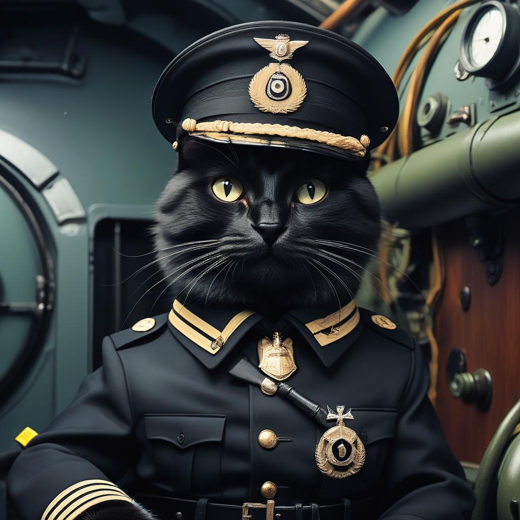  a furry black cat in the style of a german captain from the second world war, in a submarine