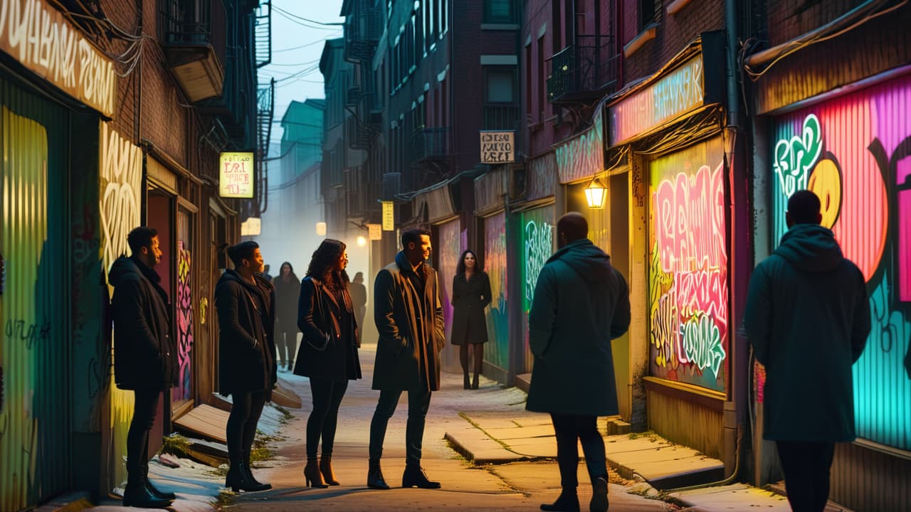  a dimly lit urban alley at night, with shadows of ghostly figures and flickering neon signs, showcasing a group of diverse people sharing eerie tales around a glowing smartphone, surrounded by graffiti and urban decay. hyperrealistic, full body, detailed clothing, highly detailed, cinematic lighting, stunningly beautiful, intricate, sharp focus, f/1. 8, 85mm, (centered image composition), (professionally color graded), ((bright soft diffused light)), volumetric fog, trending on instagram, trending on tumblr, HDR 4K, 8K