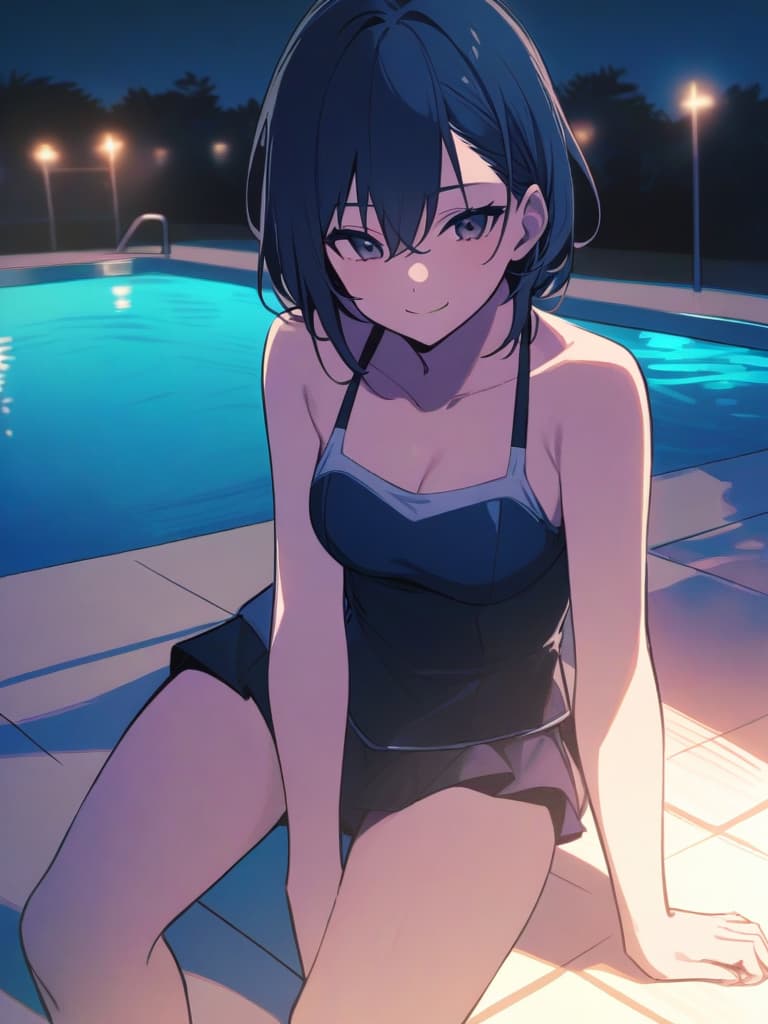  s (male ), short hair, cute smile, swimwear (dark blue ), male , whole body, pool side,