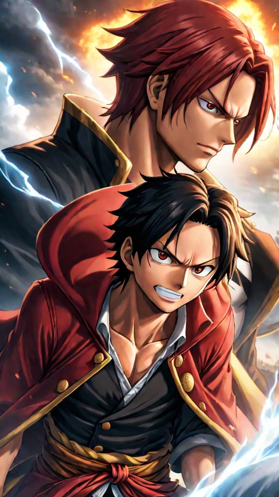  an anime art depicting shanks teaching luffy that true power lies in compassion, not brute force. hyperrealistic, full body, detailed clothing, highly detailed, cinematic lighting, stunningly beautiful, intricate, sharp focus, f/1. 8, 85mm, (centered image composition), (professionally color graded), ((bright soft diffused light)), volumetric fog, trending on instagram, trending on tumblr, HDR 4K, 8K