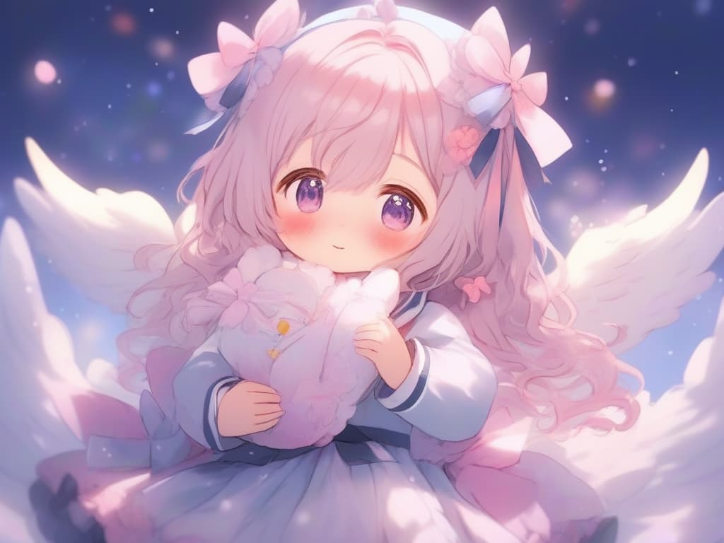  1girl,cute,christmas,snow,on side,no shoes,hugging object,hair ornament,low wings, feathered wings,blush,medium hair,black eyes,closed mouth,frilled dress,stuffed bird,white pink hair,dress,puffy long sleeves,,white wings,bed sheet,long sleeves,open book,lying,puffy sleeves,socks,stuffed toy,pillow,wings,pleated dress,ribbon trim,sailor collar,solo,frills,crossover,sailor dress,petals,bow,simple background,ribbon trimmed sleevesmasterpiece,newest,absurdres,safe