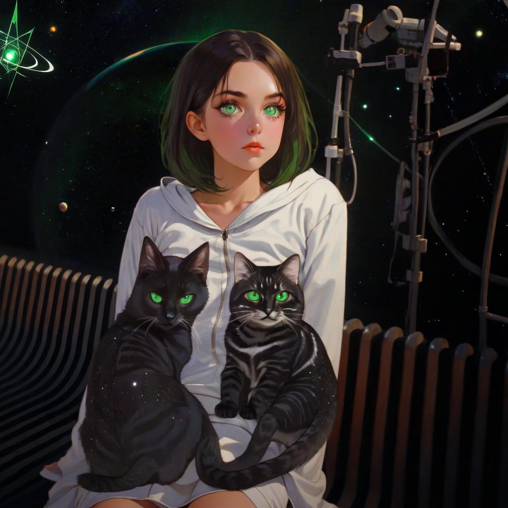  girl with dark green eyes, two cats, space, idol music