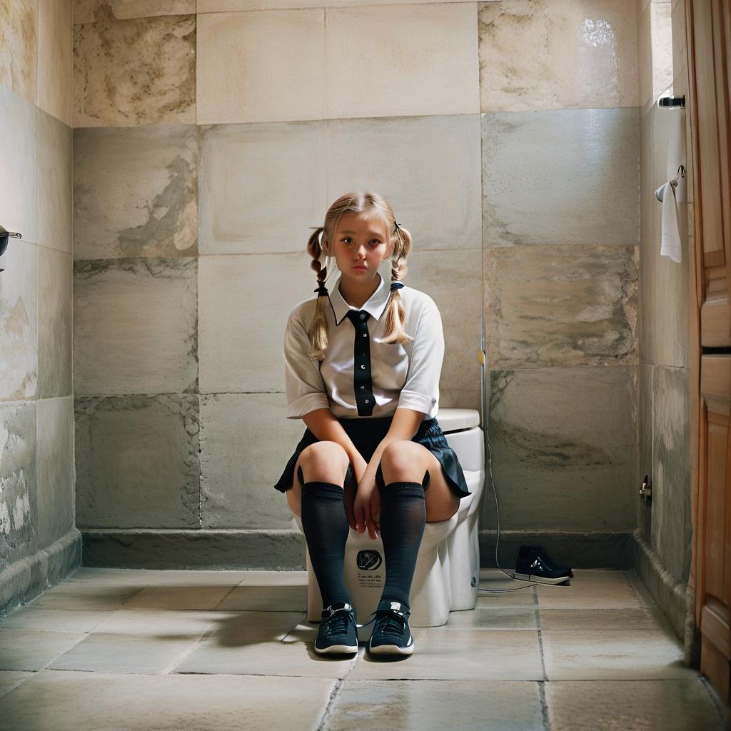  cinematic photo realistic photo, girl, sitting on a square toilet, blond hair, pigtails, shirt, skirt, tall black stockings, sneakers, large room, stone walls, stone floor. . 35mm photograph, film, bokeh, professional, 4k, highly detailed, film photography style