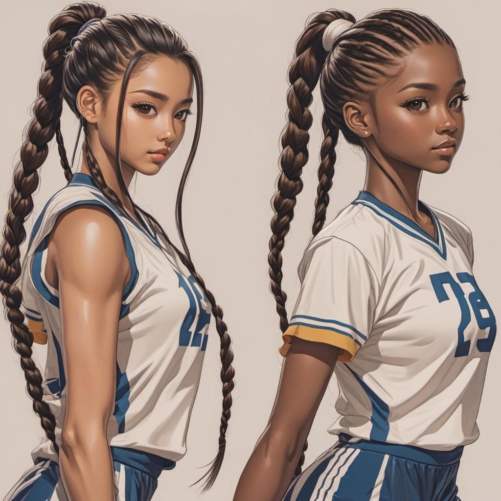  create 2 cartoon book characters playing volleyball. one is african with long braids. the other is white with long ponytail. brown hair. brown eyes , comic style, manga and manhwa style, painting style