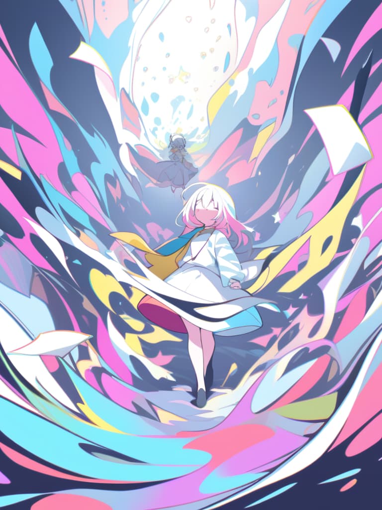  a vint and colorful ilration of a standing in a surreal,abstract world filled with vivid splashes of cyan,pink,and yellow. the girl's short,two tone hair,with blue and white highlights,contrasts against the chaotic background. she holds an envelope tightly in both hands,with a small yellow heart sticker attached to it.the surrounding environment is a mix of floating papers,abstract shapes,and splashes of paint that seem to blend into the girl's figure. the art style uses flat colors and bold outlines,giving a ,yet slightly surreal feeling to the scene. the overall atmosphere is energetic,yet the girl's expression is calm and somewhat distant,adding a layer of mystery to the bright,chaotic world around her.