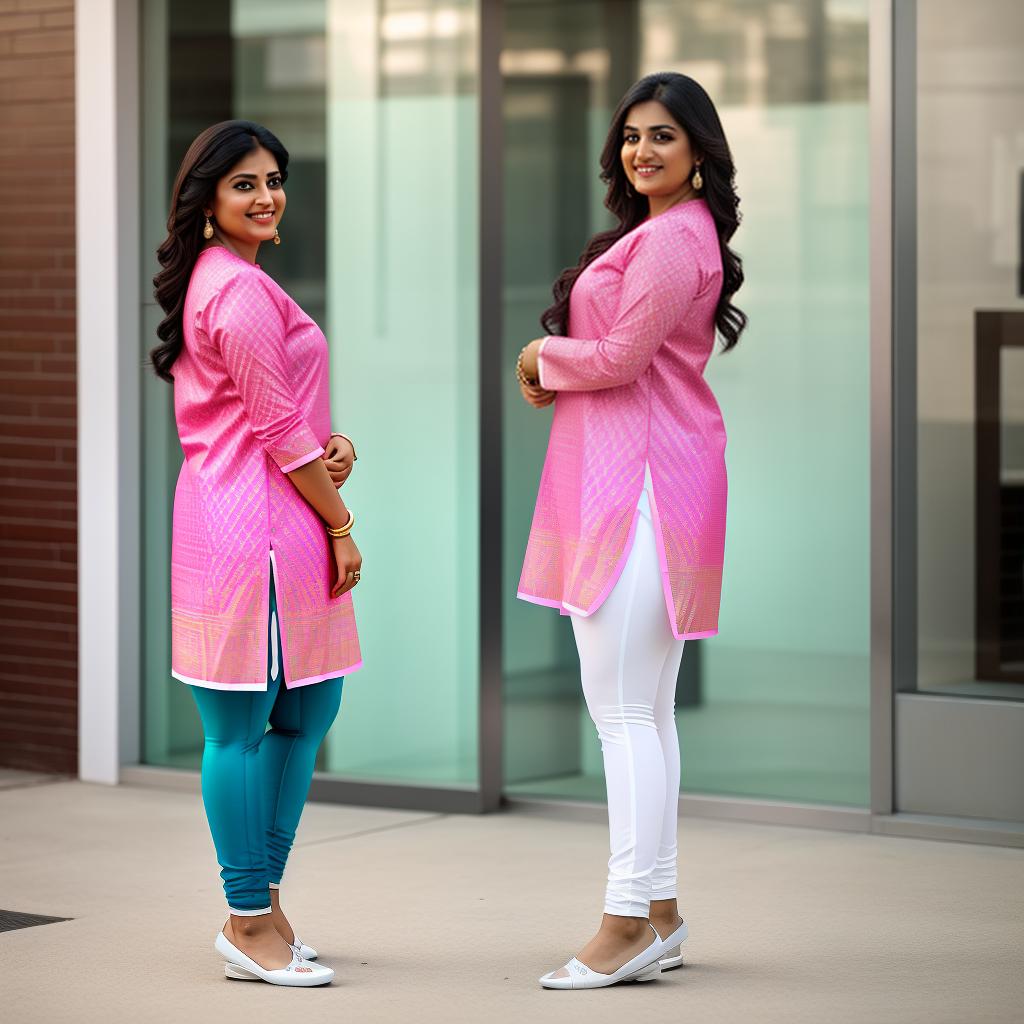  a Desi Indian plus -size woman cute smile , rocking a pink kurta and white tite leggings. hot and stylish., hyperrealistic, high quality, highly detailed, cinematic lighting, intricate, sharp focus, f/1. 8, 85mm, (centered image composition), (professionally color graded), ((bright soft diffused light)), volumetric fog, trending on instagram, HDR 4K, 8K