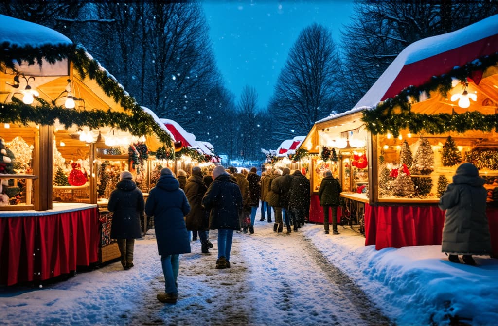  photo of an evening christmas market where snow is falling with space for text ar 3:2 {prompt}, maximum details