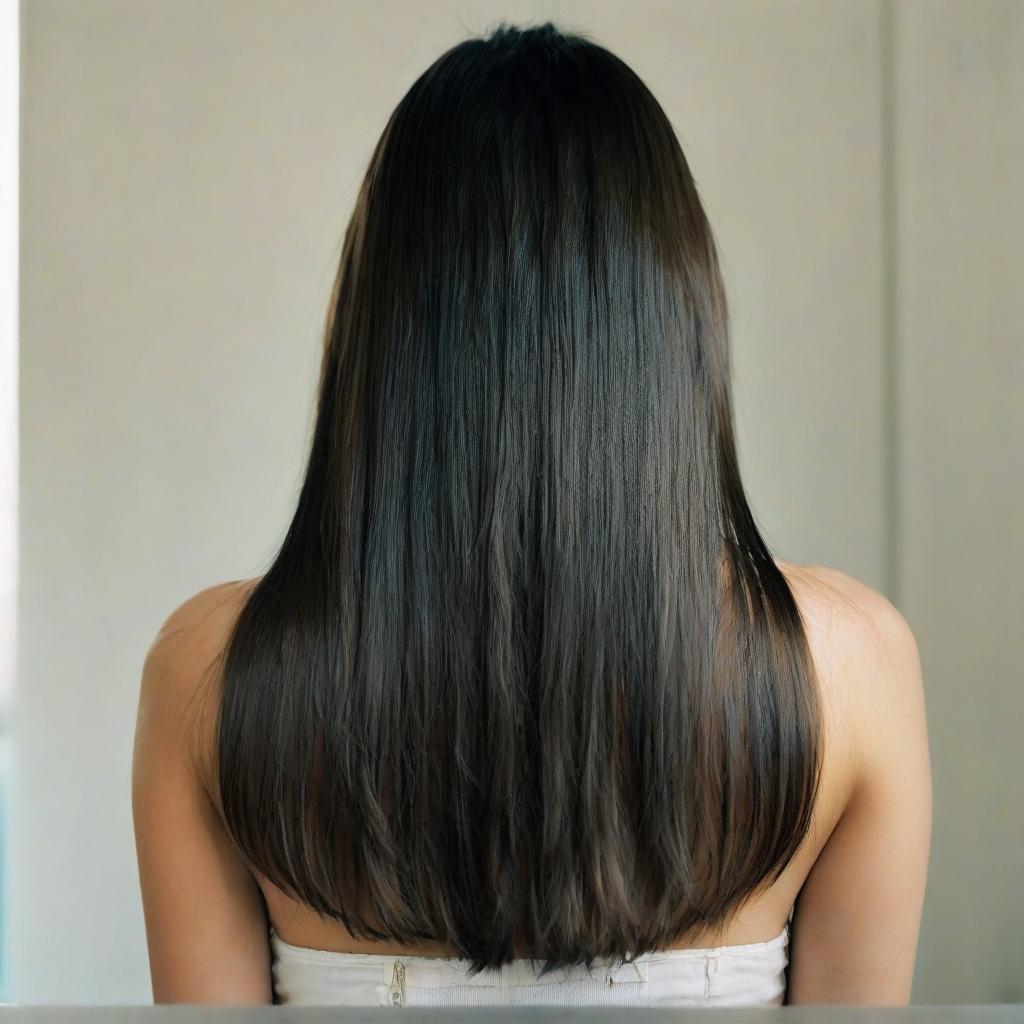  a girl stands with her back with beautiful long hair, film photography style