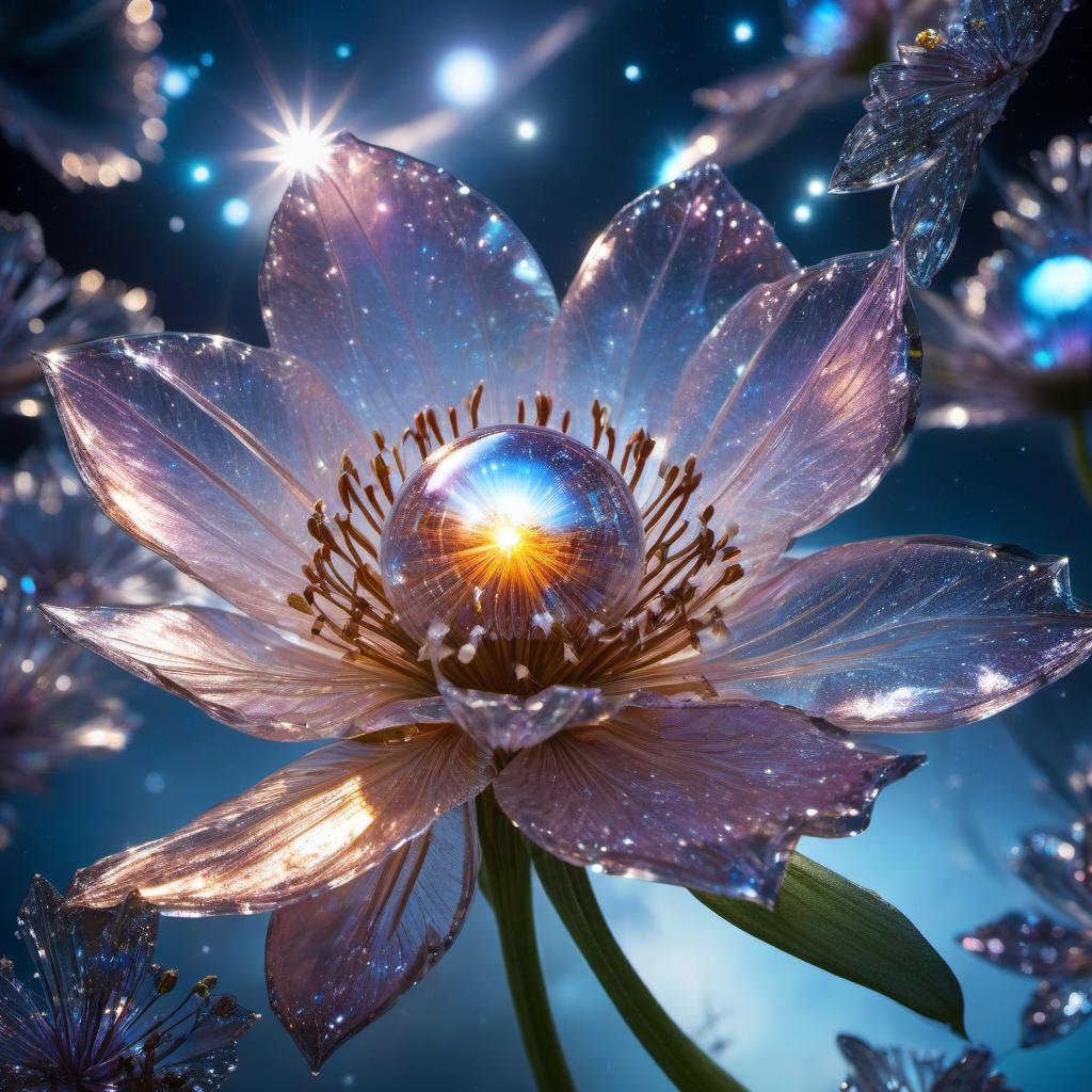  space themed shattered glass flower against opalescent sky . cosmic, celestial, stars, galaxies, nebulas, planets, science fiction, highly detailed, hkmagic hyperrealistic, full body, detailed clothing, highly detailed, cinematic lighting, stunningly beautiful, intricate, sharp focus, f/1. 8, 85mm, (centered image composition), (professionally color graded), ((bright soft diffused light)), volumetric fog, trending on instagram, trending on tumblr, HDR 4K, 8K