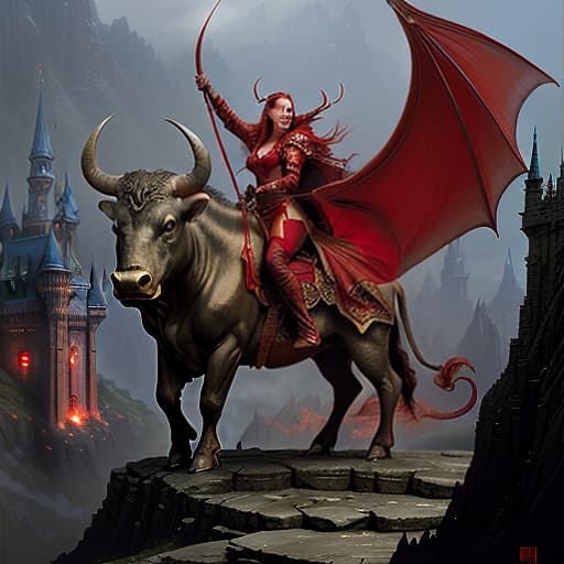  draw a bull a red color, perfect background, magic, dragons, elves, castles, by donato giancola, ruan jia, kekai kotaki, magali villeneuve, even mehl amundsen