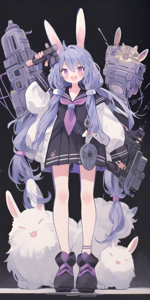  a woman with a gun and a bunny hat, long hair, blush, open mouth, bangs, , long sleeves, hair between eyes, twintails, very long hair, uniform, blue hair, purple eyes, collarbone, full body, id, pleated , shoes, choker, fang, mini, black , sailor collar, off shoulder, neckerchief, sleeves past wrists, mask, ons, black background, machinery, turret, rigging, mask on head, torpedo tubes, sleep mask hyperrealistic, full body, detailed clothing, highly detailed, cinematic lighting, stunningly beautiful, intricate, sharp focus, f/1. 8, 85mm, (centered image composition), (professionally color graded), ((bright soft diffused light)), volumetric fog, trending on instagram, trending on tumblr, HDR 4K, 8K