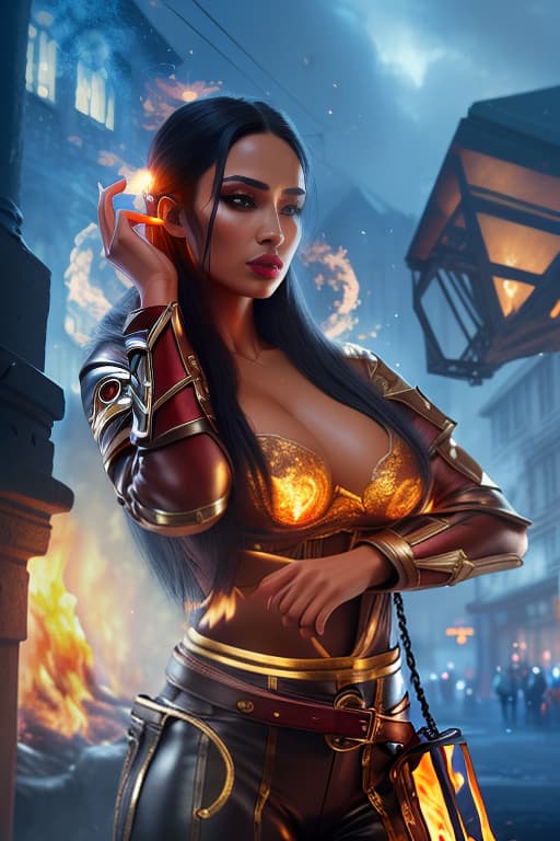 More detailed clothing, lighter skin, darker lighting, fire in fingers, (Extremely Detailed Oil Painting:1.2), glow effects, godrays, Hand drawn, render, 8k, octane render, cinema 4d, blender, dark, atmospheric 4k ultra detailed, cinematic sensual, Sharp focus, humorous illustration, big depth of field, Masterpiece, colors, 3d octane render, 4k, concept art, trending on artstation, hyperrealistic, Vivid colors, extremely detailed CG unity 8k wallpaper, trending on ArtStation, trending on CGSociety, Intricate, High Detail, dramatic hyperrealistic, full body, detailed clothing, highly detailed, cinematic lighting, stunningly beautiful, intricate, sharp focus, f/1. 8, 85mm, (centered image composition), (professionally color graded), ((bright soft diffused light)), volumetric fog, trending on instagram, trending on tumblr, HDR 4K, 8K