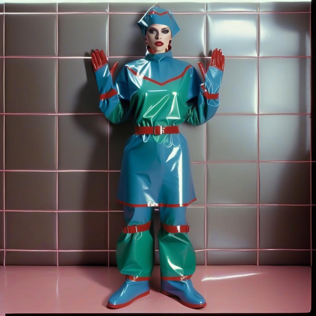  "hyperdetalisation, woman, mistress surgeon, in dressed three color surgical suit, made of glossy latex, standing alone, full length, front view, full face, dressed in, surgical gown, knee length, with elastic waistband, long sleeves, with elastic cuffs, upper part of surgical gown, (from collar to waist), glossy latex dark green, belt at waist, glossy latex red, lower part of surgical gown, (from hem to waist), glossy latex dark blue, in the center of the surgical gown there is an emblem in the form of surgical forceps "burdizzo", upper part of sleeve, (from shoulder to elbow), glossy latex dark blue, lower part of sleeve, (from elbow to cuff), glossy latex dark green, cuffs on sleeve, glossy latex red, (bib with collar), made of glossy d