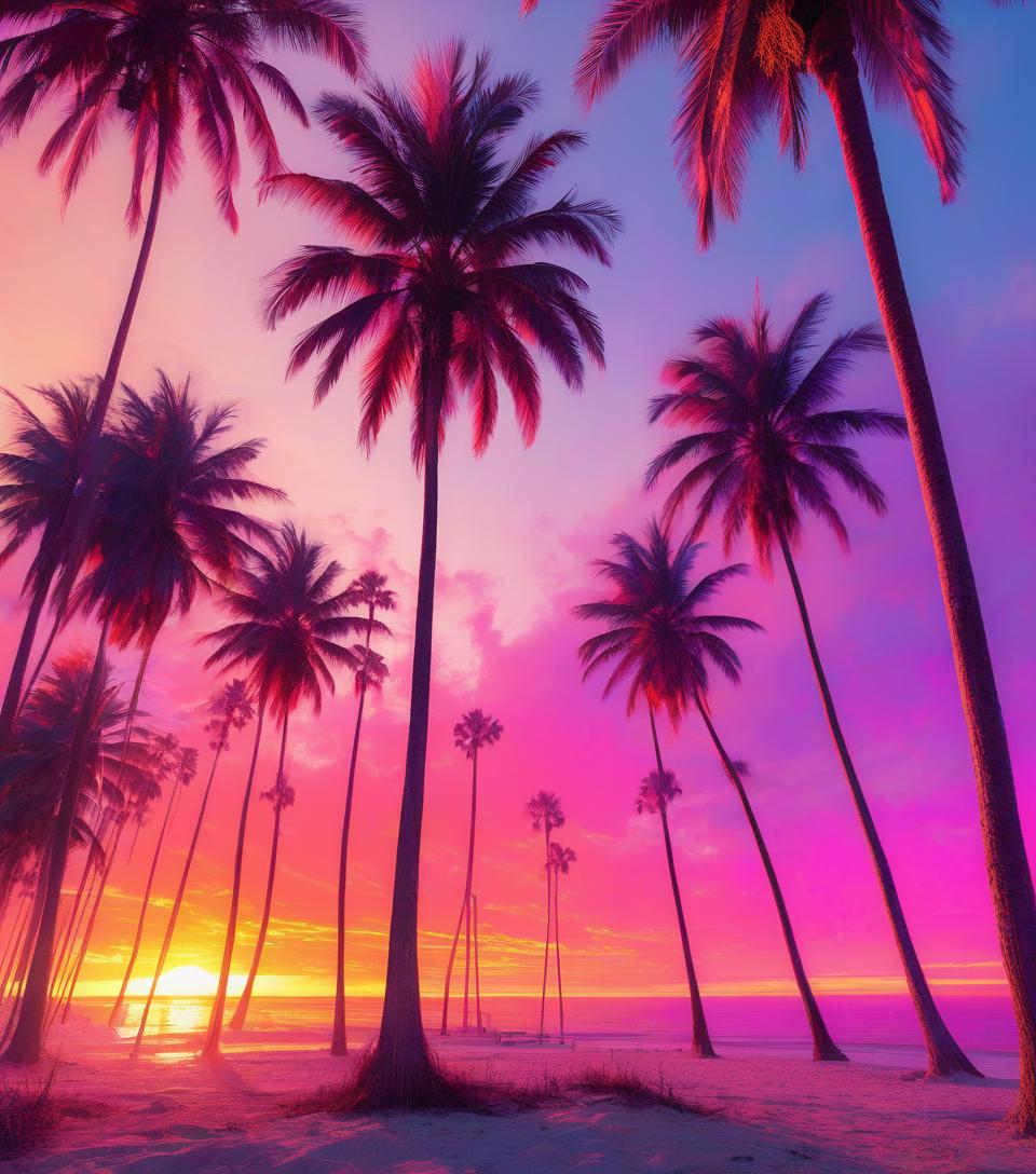  florida sunsets and palm trees on fire, neon vibrant colors,