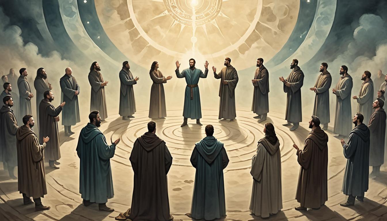  on parchment, surrealism+++, a diverse group of individuals, standing in a circle, hands raised towards the central light, faces filled with determination, ethereal glow surrounding them, sense of unity and empowerment(mysterious, provocative, symbolic,muted color)+++