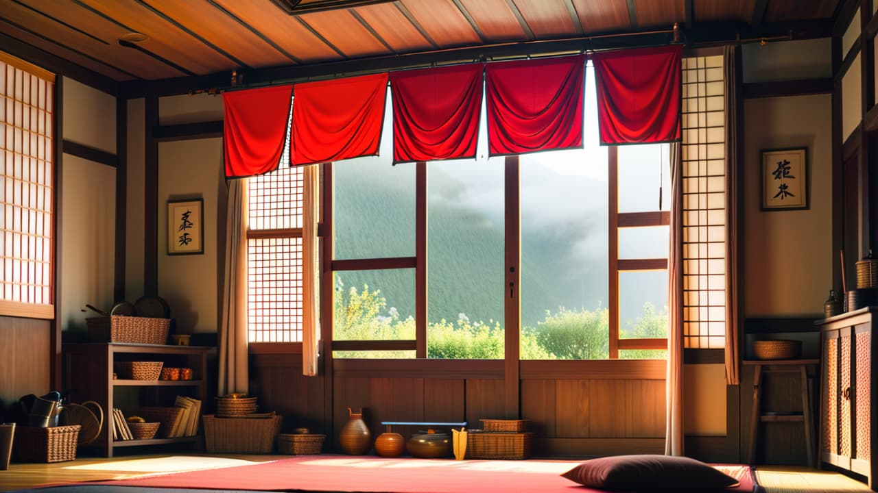  a serene japanese woodworking scene featuring an intricately designed noren banner hanging in a traditional workshop, surrounded by tools, wood shavings, and natural light streaming through shoji screens. hyperrealistic, full body, detailed clothing, highly detailed, cinematic lighting, stunningly beautiful, intricate, sharp focus, f/1. 8, 85mm, (centered image composition), (professionally color graded), ((bright soft diffused light)), volumetric fog, trending on instagram, trending on tumblr, HDR 4K, 8K